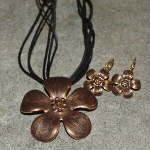 Bronze Tone Metal Flower Petal Black Cord Necklace and Clip on Earrings Set